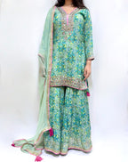 Aqua Paisley Muslin Gharara Suit
