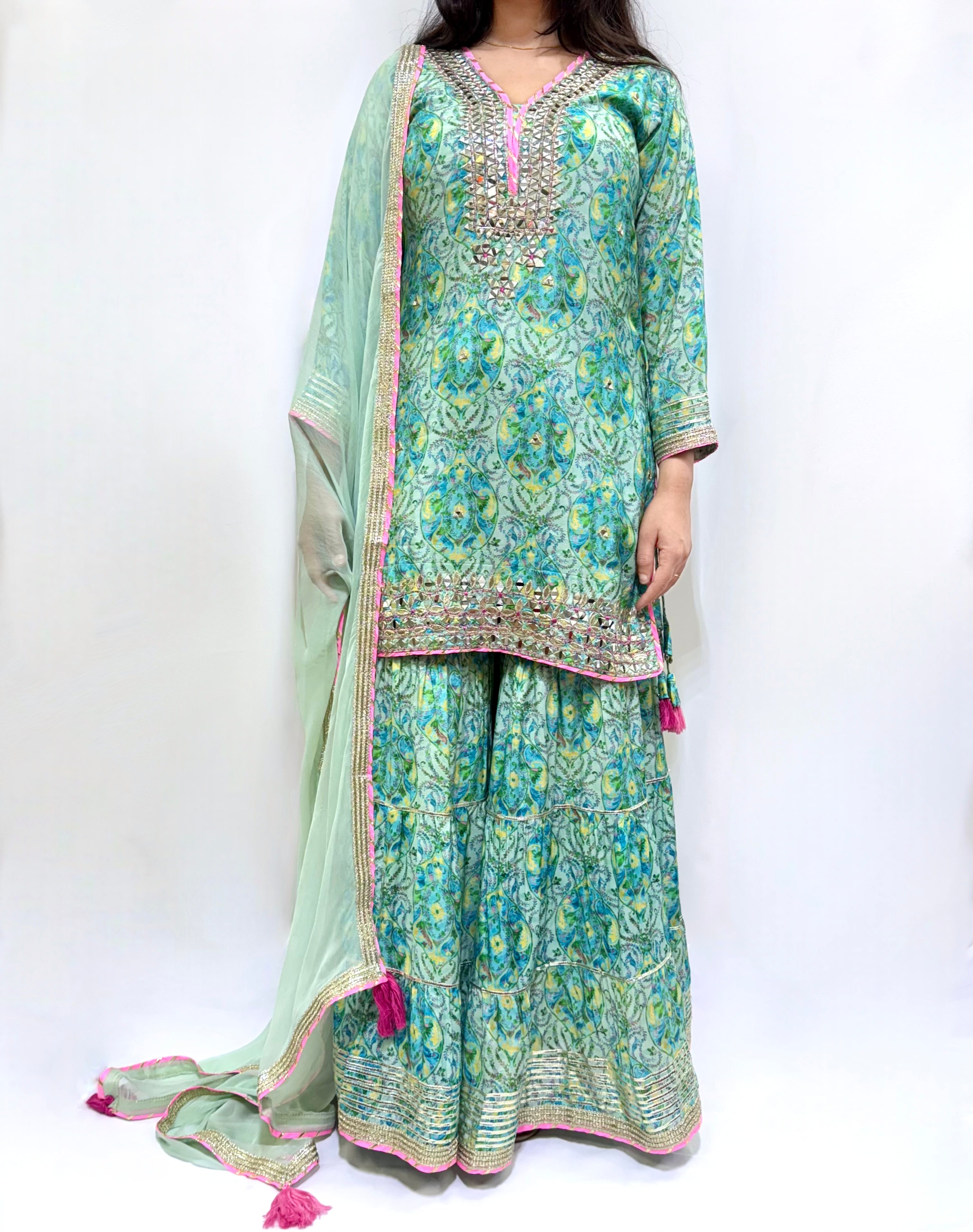 Aqua Paisley Muslin Gharara Suit