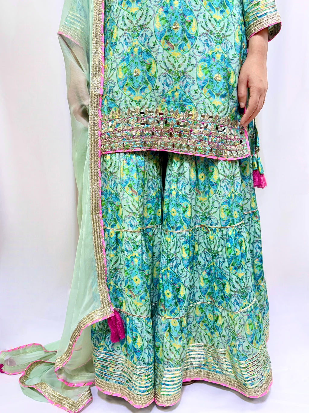 Aqua Paisley Muslin Gharara Suit