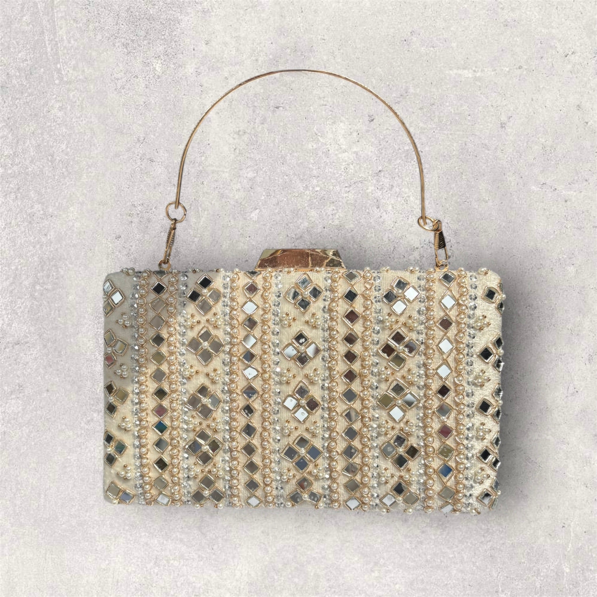 Cream velvet clutch with mirror work