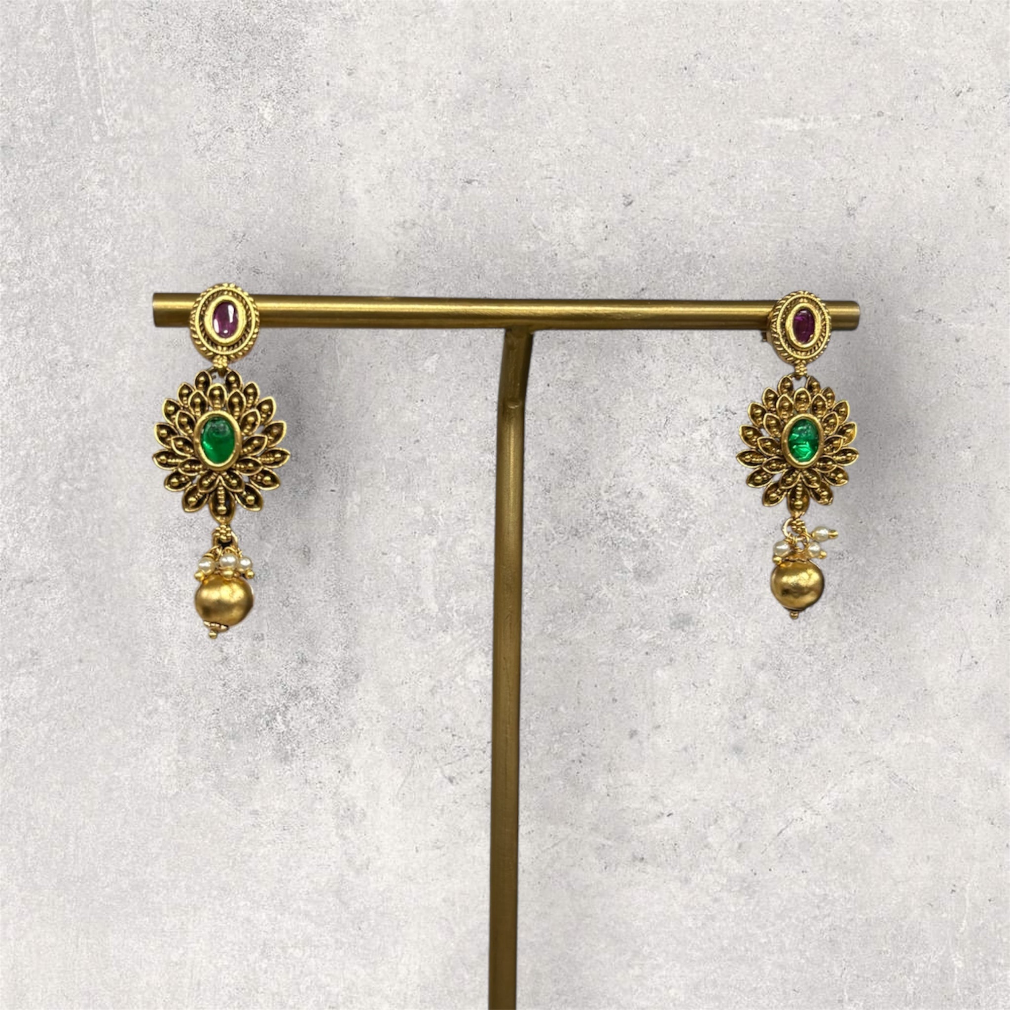 Ruby green matte gold temple style flower earrings