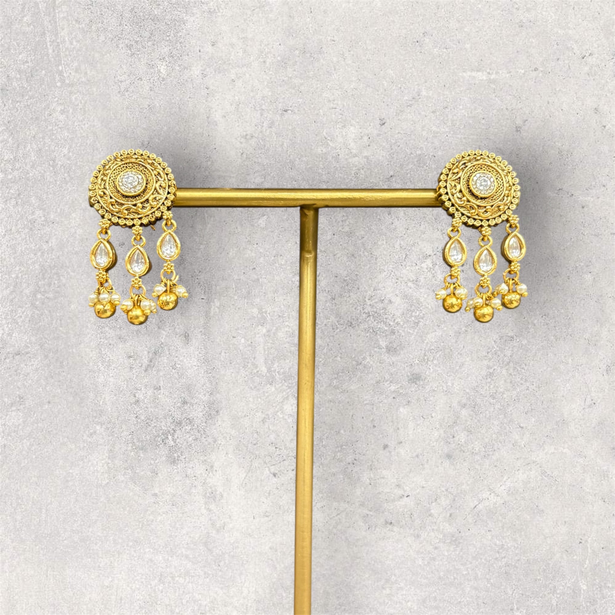 Matte gold stud with dangles temple style earrings