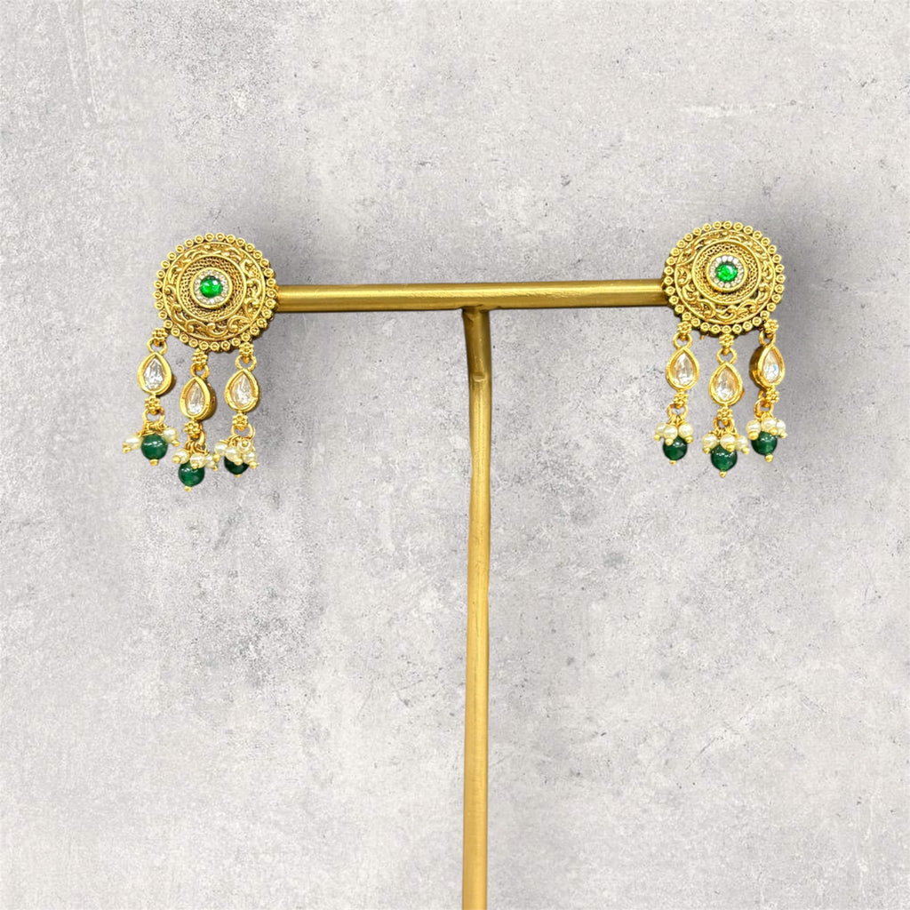 Matte gold stud with dangles temple style earrings