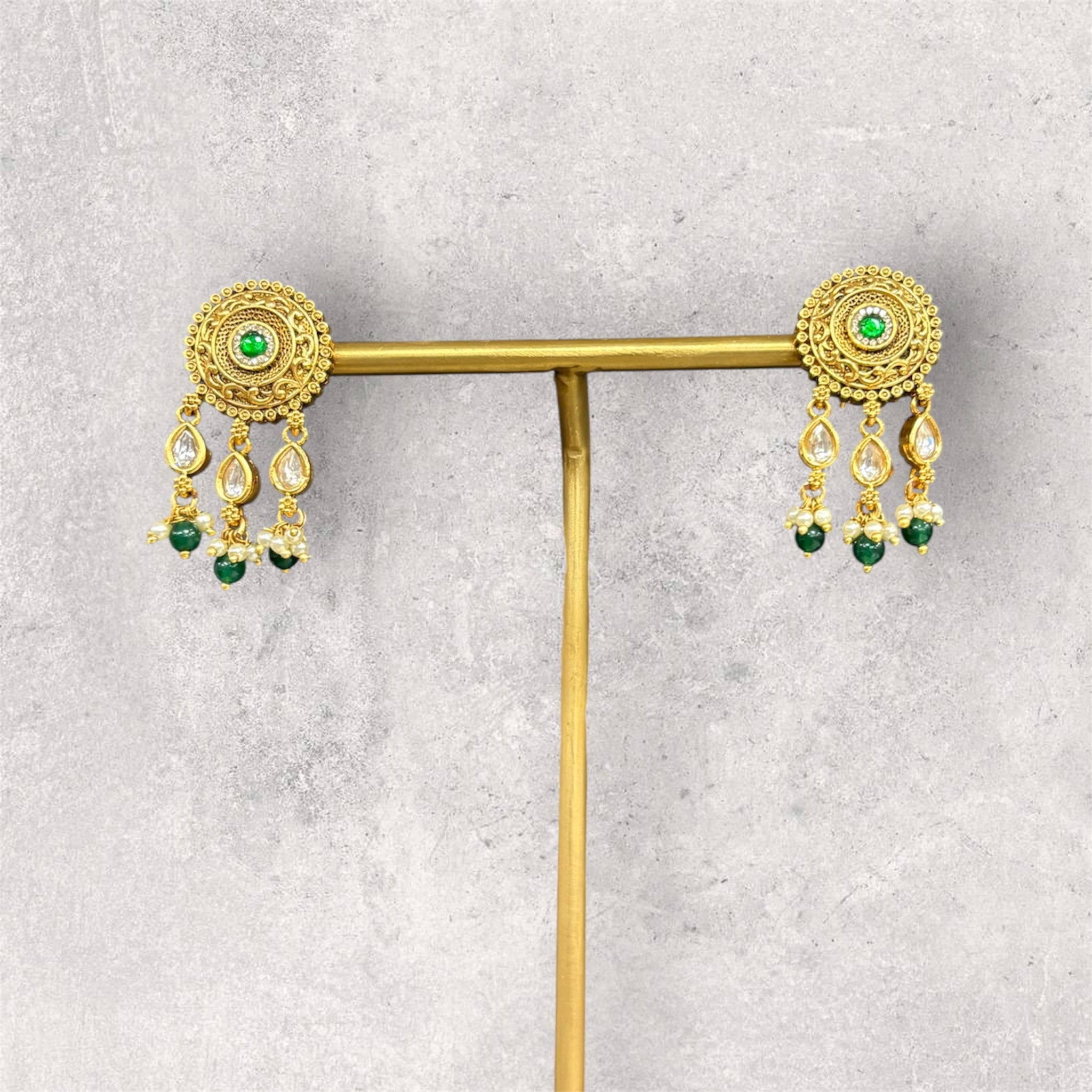 Matte gold stud with dangles temple style earrings